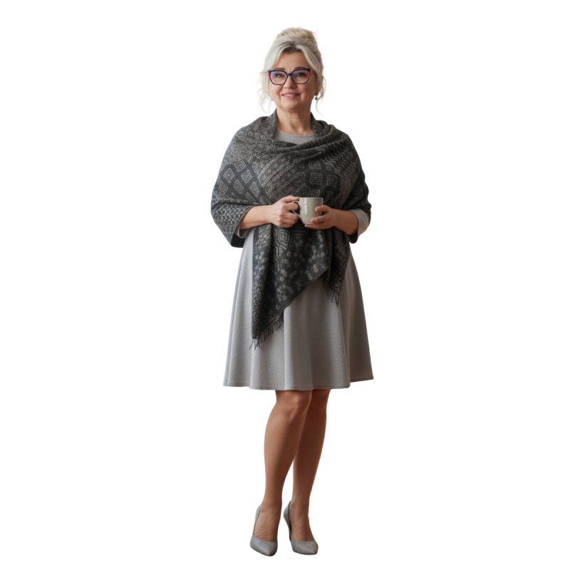 Szal z wełny merino – szary patchworkowy wzór (W-143)