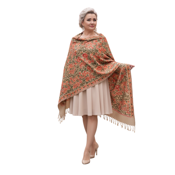 Szal z wełny merino – bogaty wzór kwiatowy (W-152)