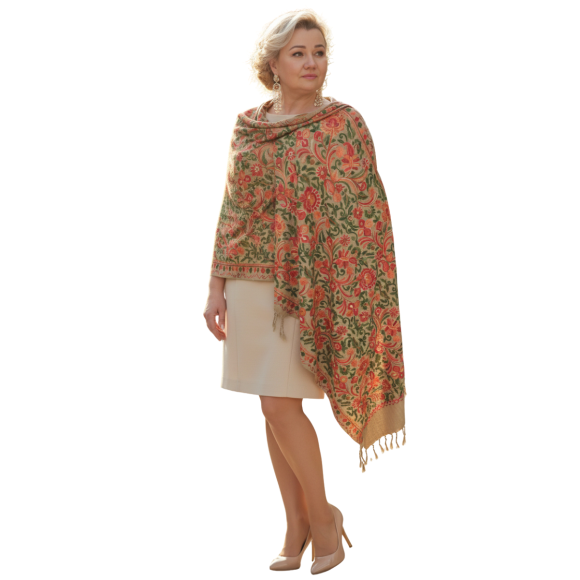 Szal z wełny merino – bogaty wzór kwiatowy (W-152)