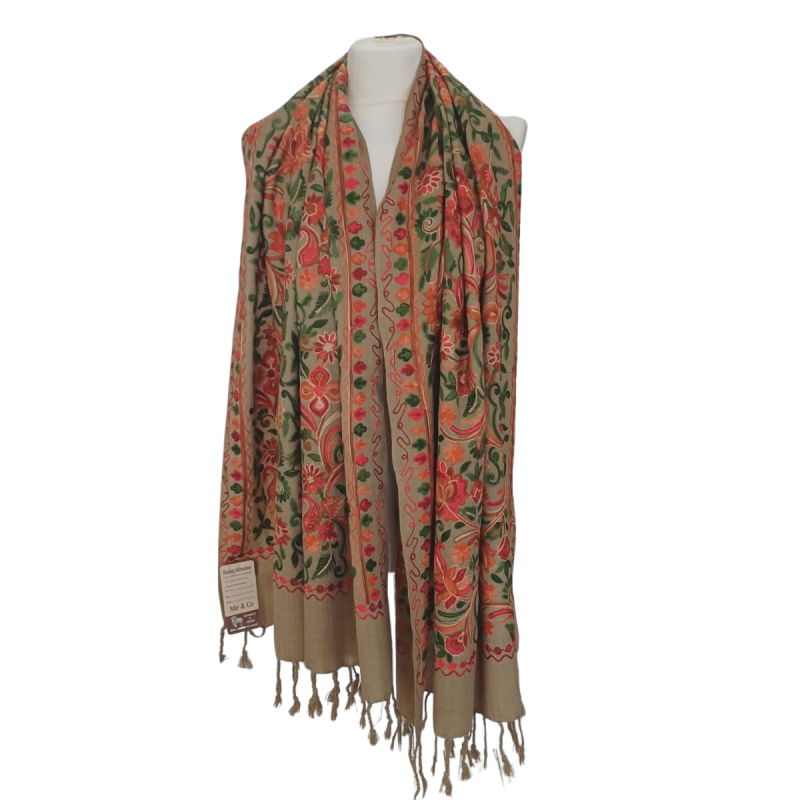 Szal z wełny merino – bogaty wzór kwiatowy (W-152)