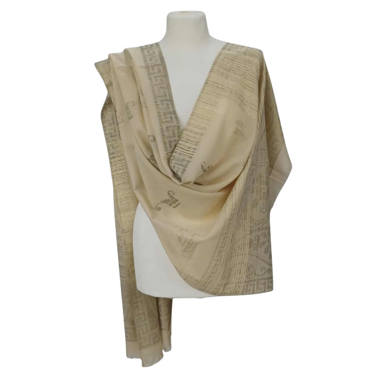 Szal z pashminy- jasny beż ze złotym zdobieniem (P-105)