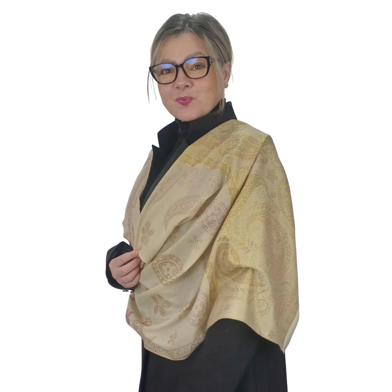 Szal z pashminy- kremowy ze złotym zdobieniem (P-104)
