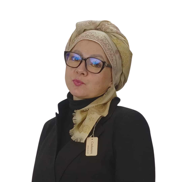 Szal z pashminy- kremowy ze złotym zdobieniem (P-104)