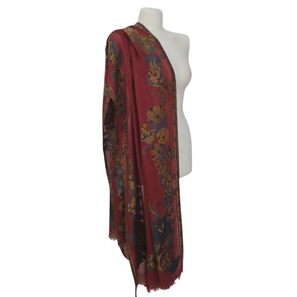Szal z Pashminy – bordowy, ręczny Haft, jednostronny (P-103)