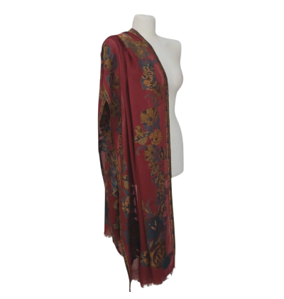 Szal z Pashminy – bordowy, ręczny Haft, jednostronny (P-103)