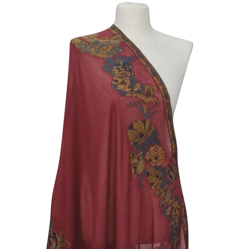 Szal z Pashminy – bordowy, ręczny Haft, jednostronny (P-103)