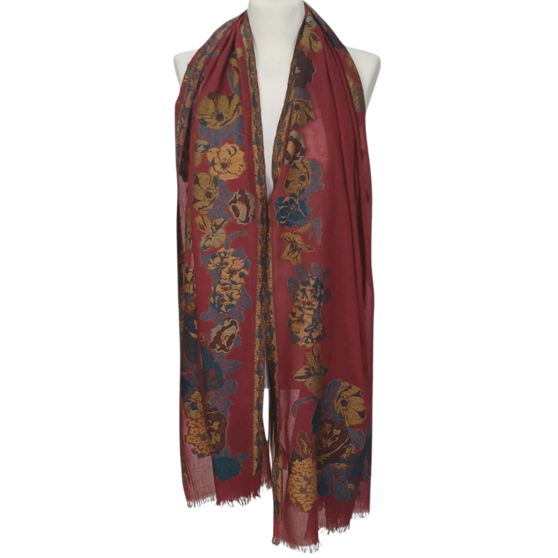 Szal z Pashminy – bordowy, ręczny Haft, jednostronny (P-103)