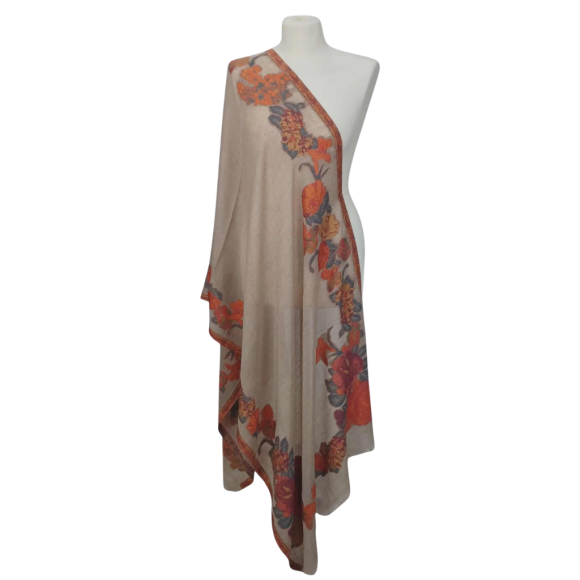 Szal z Pashminy – Beżowy, Ręczny Haft, Jednostronny (P-102)