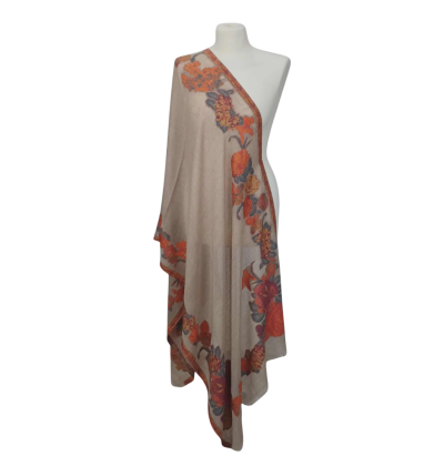 Szal z Pashminy – Beżowy, Ręczny Haft, Jednostronny (P-102)