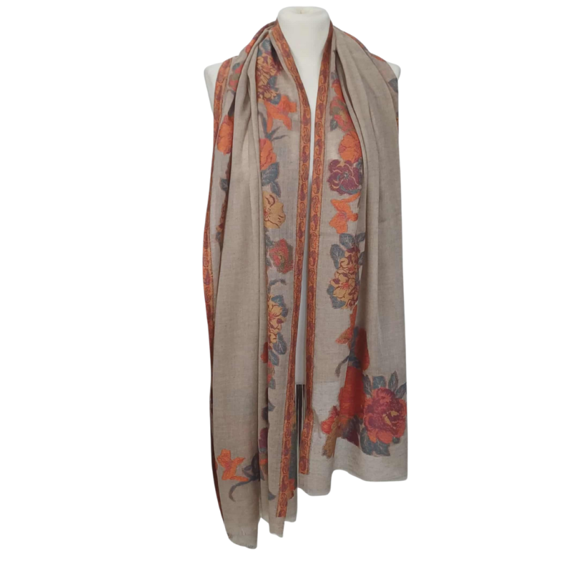 Szal z Pashminy – Beżowy, Ręczny Haft, Jednostronny (P-102)