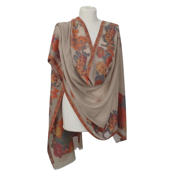 Szal z Pashminy – Beżowy, Ręczny Haft, Jednostronny (P-102)