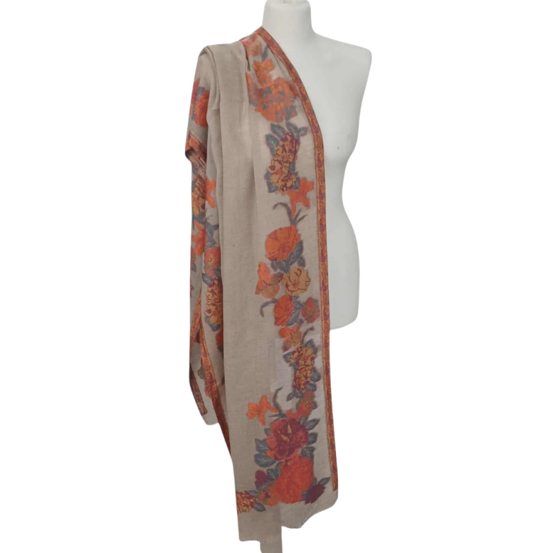 Szal z Pashminy – Beżowy, Ręczny Haft, Jednostronny (P-102)
