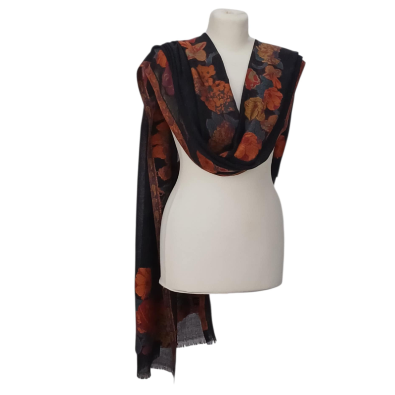 Szal z pashminy – jednostronny haft kwiatowy (P-87)