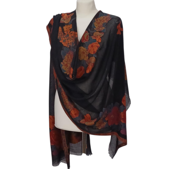 Szal z pashminy – jednostronny haft kwiatowy (P-87)