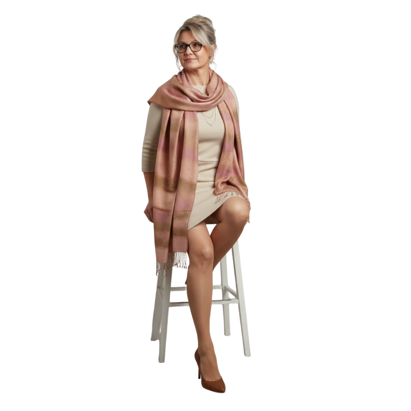 Szal z pashminy – pudrowy róż, beż i złamana morela (P-127)