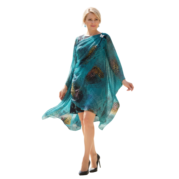 Szal z jedwabnego szyfonu – turkusowo-niebieski | lekki, zwiewny  (SZYF-20)