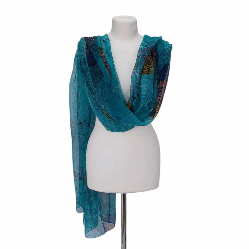 Szal z jedwabnego szyfonu – turkusowo-niebieski | lekki, zwiewny  (SZYF-20)