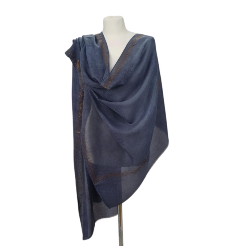 Szal wełniany merino z piękną bordiurą z mieniących kryształków (W-89)