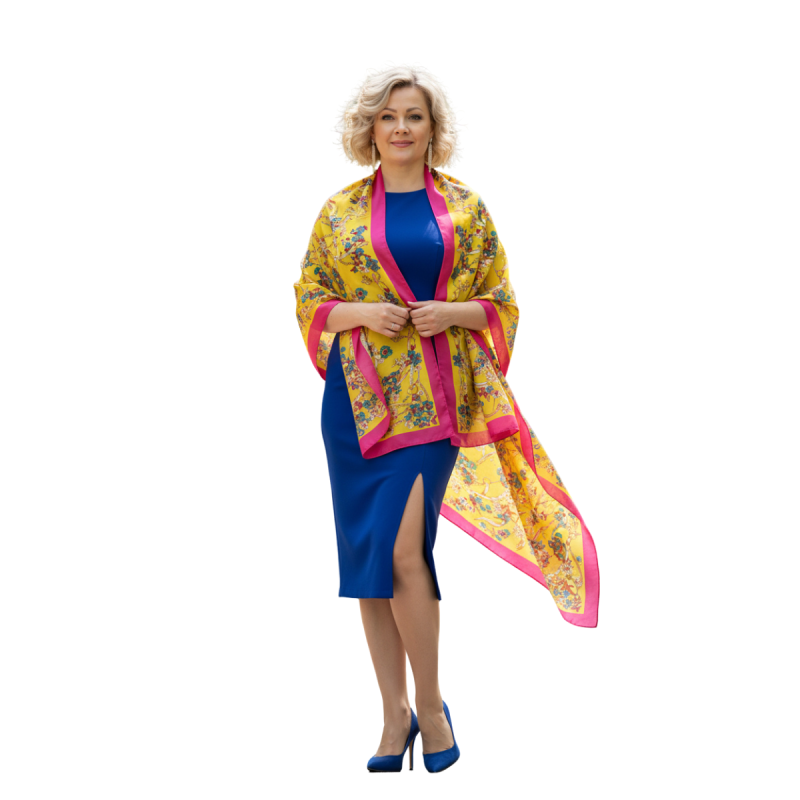 Szal jedwabny z domieszką poliestru z pięknym nadrukiem  (JP - 117)